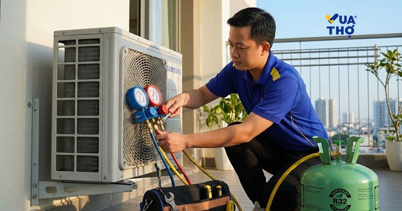 thợ đang tiến hành nạp gas máy lạnh