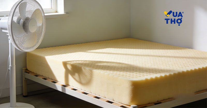 bước 4 phơi khô nệm bằng quạt
