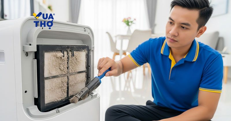 thợ đang vệ sinh máy hút ẩm