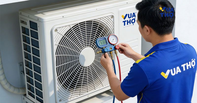 thợ đang đo cục nóng để nạp gas
